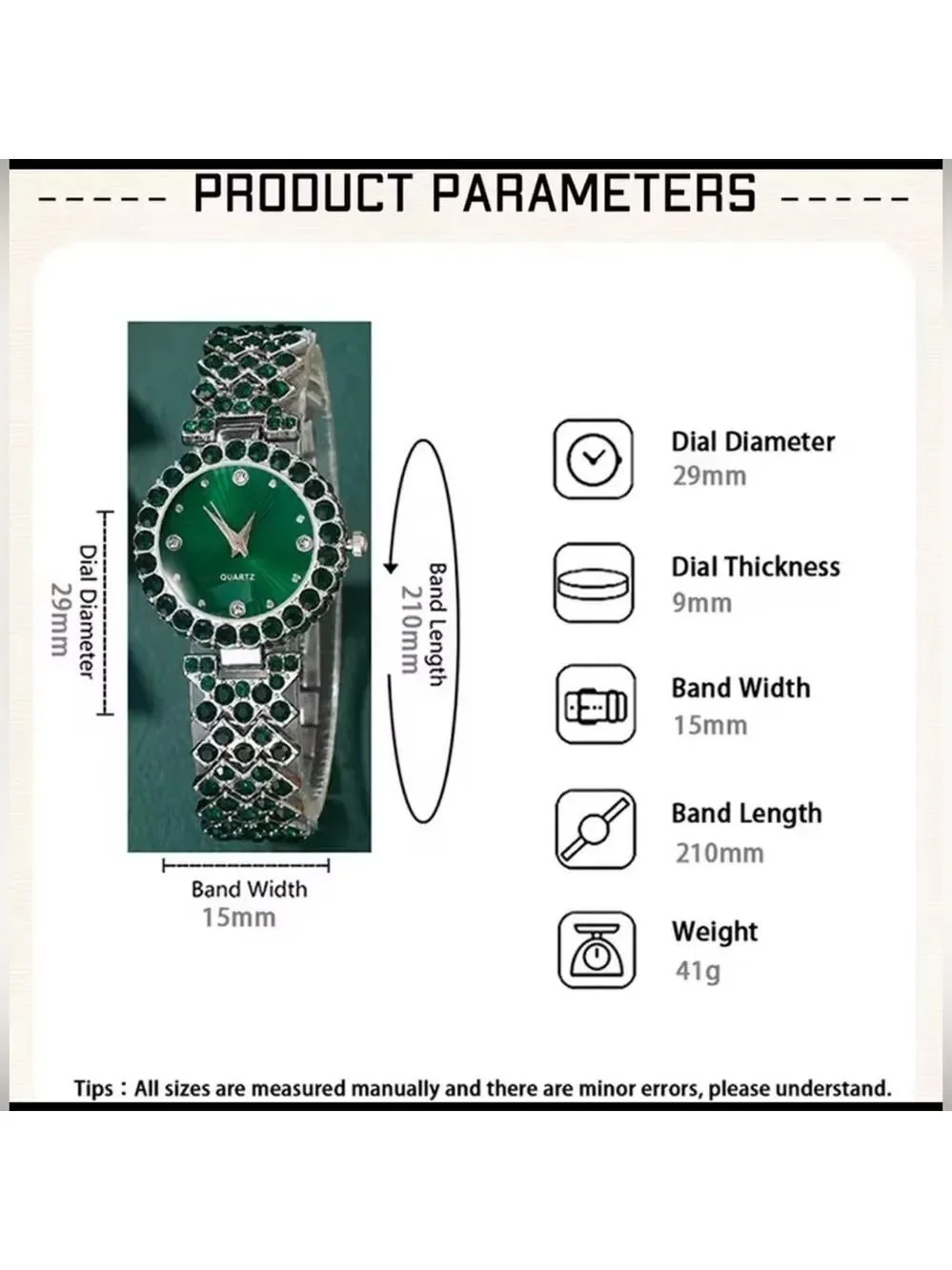 Elegant Green Rhinestone Hearts & Silver Women's Jewelry Set of 5- Quartz Watch